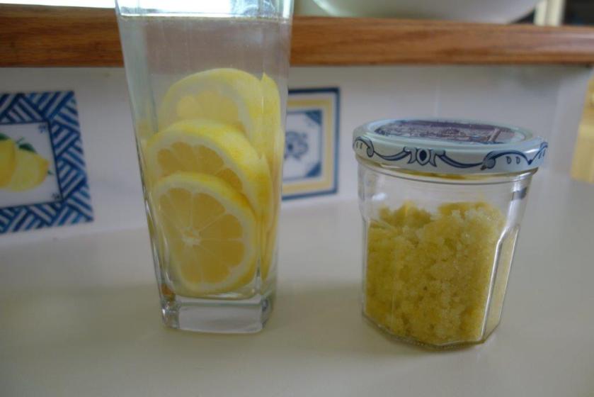 lemon-lime scrub and lemon water